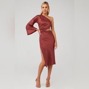 Jen’s Pirate Booty Nebula Vermillion midi one shoulder dress